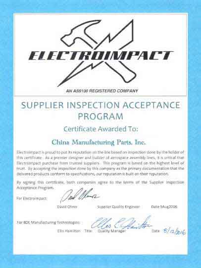 Certified Electroimpact Preferred Supplier - China Manufacturing Parts 